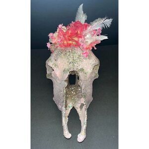 Pink Rose Cow Skull Floral Western Home Decor Farm W/ Wall Hanging Wire